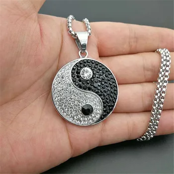 

Iced Out Yin and Yang Necklace & Pendant With Stainless Steel Chain Silvr Color Bling Cubic Zircon Men's Hip hop Jewelry For Gif