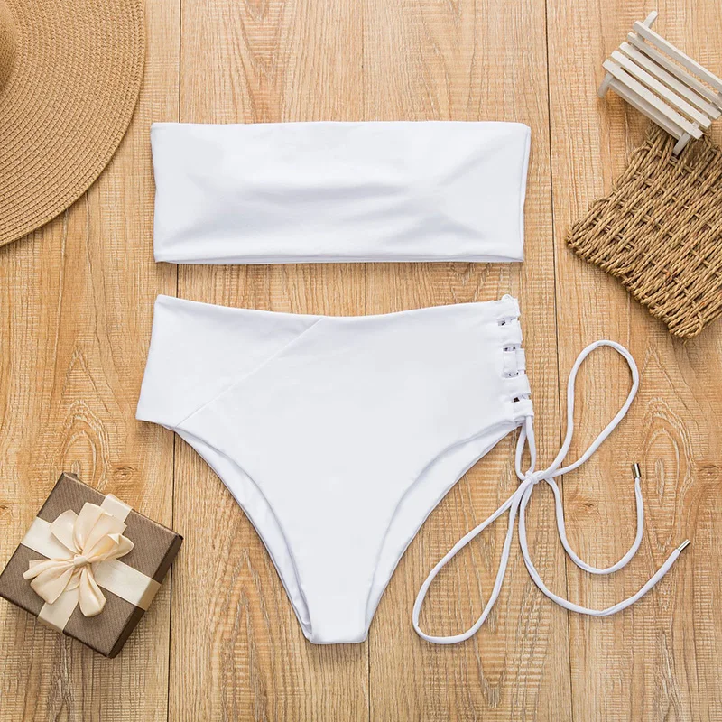 Online Sexy Hohe Taille Bikini 2019 Frauen Bademode Solid Weiß Badeanzug Weibliche Badeanzug Bandeau Brazilian Bikini Set maillot de bain