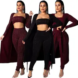 Сексуальный комплект из 3 предметов женская одежда осень зима высокая стрейч наряды длинный кардиган плащ + топ на бретелях карандаш брюки