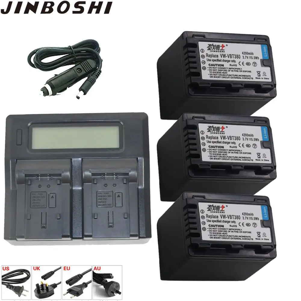 

3PCS VW-VBT380 VW VBT380 Battery + DUAL Charger+Car Plug for Panasonic HC-V720,HC-V727 HC-V201, HC-V250, HC-V770 ,HC-VXF999