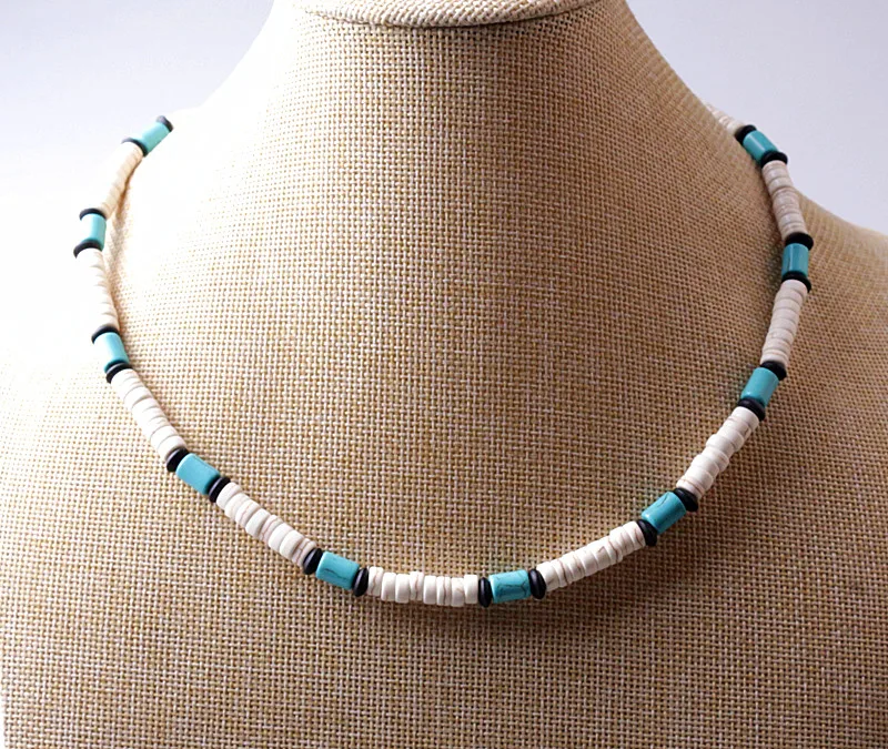 Stone Bead Surfer Necklace Made from white, Black and Blue Beads - Image 4