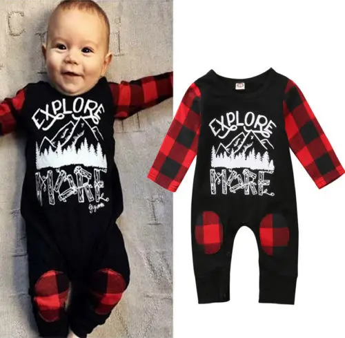 

2018 Newest Explore More Xmas Toddler Kids Boys Girls Plaid Romper Jumpsuit Playsuit Sunsuit Clothes Outfit 1-4T