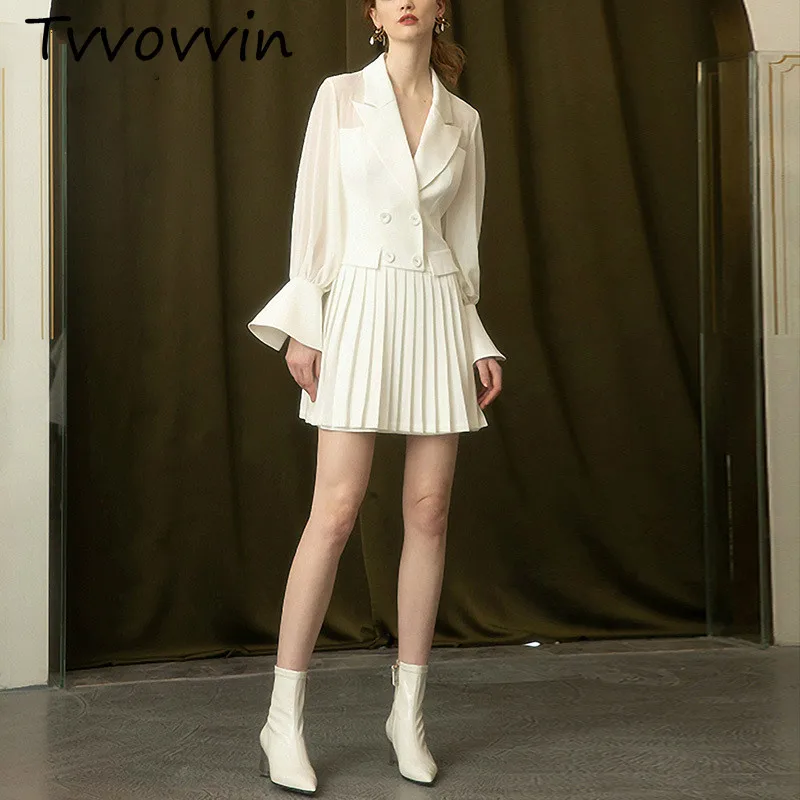 

TVVOVVINVacation V-neck Puff Sleeves Pleated Patchwork Ol Dress Dresses 2019 New Spring And Summer Fashion Women Clothes V924