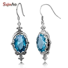 Szjinao серьги из стерлингового серебра 925 пробы модные овальные огранки Аквамарин Винтажные Ювелирные изделия Чистые Большие серебряные серьги для женщин вечерние панк