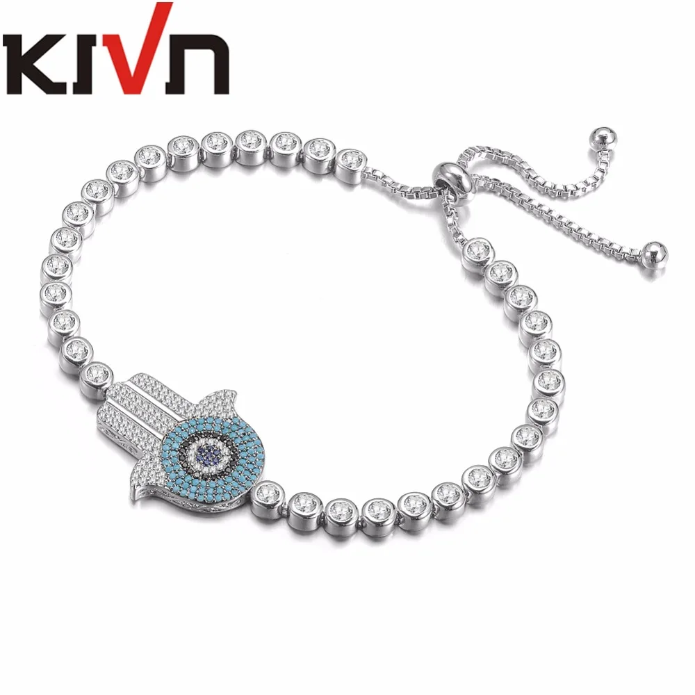 KIVN Fashion Jewelry Adjustable Hamsa Hand Blue eye Pave CZ Cubic Zirconia Womens Girls Wedding Bridal Bracelets Birthday Gifts | Украшения