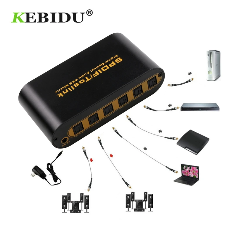 

kebidu 4x2 Switch Switcher Splitter SPDIF TOSLINK Digital Optical Audio for True Matrix 4In 2 Out Video Converter Remote Control