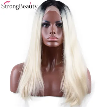 

Strongbeauty Long Straight Bleach Blonde Wig Synthetic Ombre Black to Light Blond Lace Front Wig