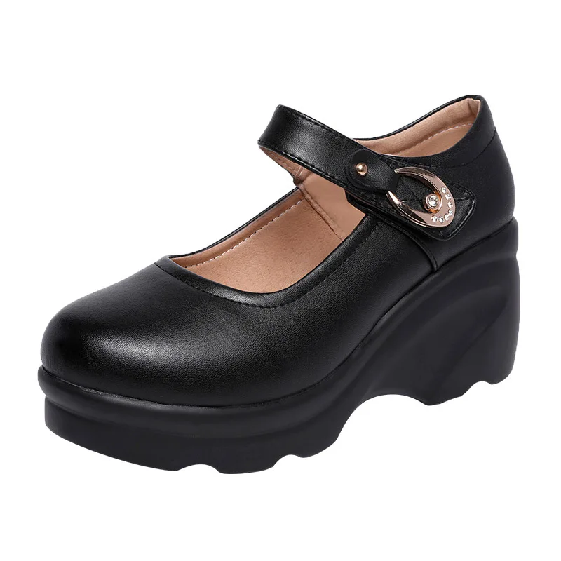 Split Leather Womans Shoes Creepers Platform Pumps Spring Autumn High Heels Wedges Shoes for Women Black Work Shoe - Цвет: Черный