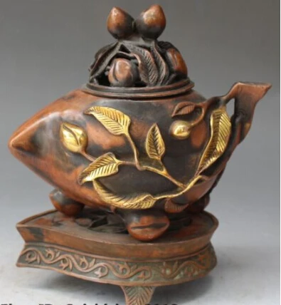 

179 8"Chinese Dynasty Palace Bronze Gilt Longevity Peach Leaf incense Burner Censer Discount35%