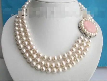 

Free Shipping >>>10mm 3row round white freshwater pearls necklace jade c