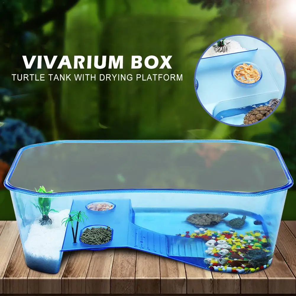 ПЭТ рептилия, черепаха Виварий коробка Пластик аквариум с Баскин рампы синий
