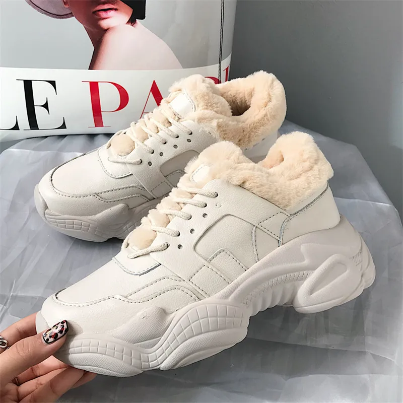 

Winter Fur Casual Shoes Woman Harajuku 6cm High Platform Zapatos Casuales Female Fashion Lace-up Warm Flat Scarpe