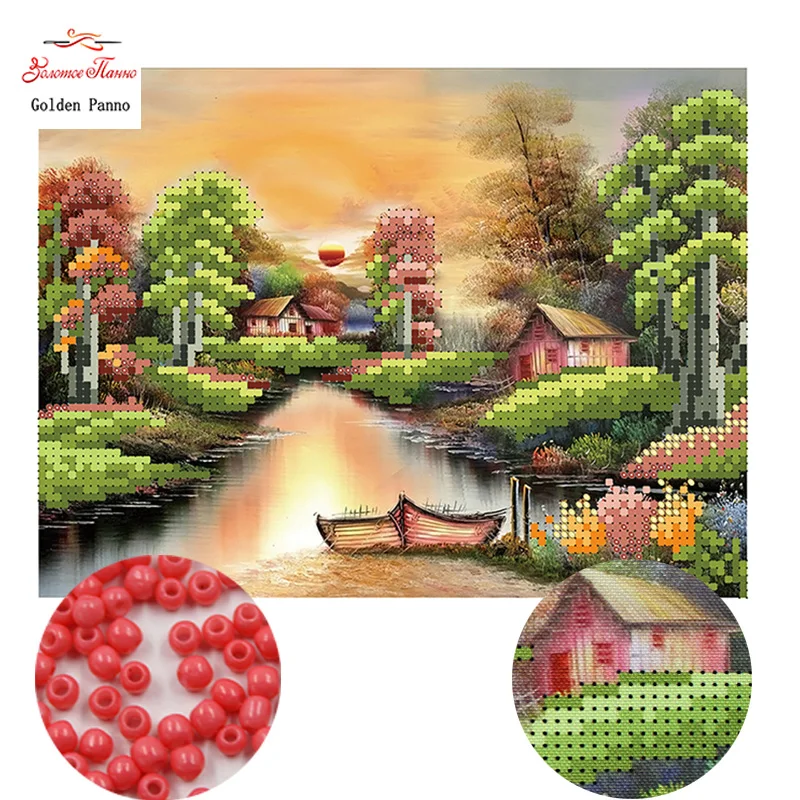 

Golden Panno,Needlework,DIY,beads,Cross stitch,Embroidery stitch,Precise Printed painting,scenic Pattern,riverside lodge 0414