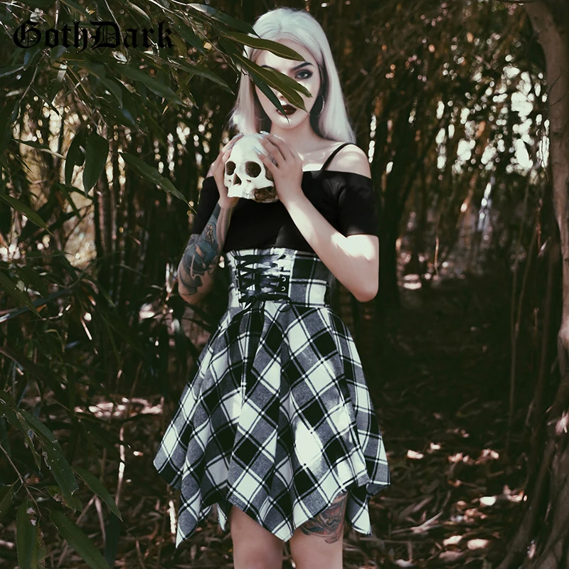 

Goth Dark Grunge Gothic Plaid Female Dresses Harajuku Patchwork Strap Slash Neck Dress Vintage Asymmetrical Autumn 2019 Fashion