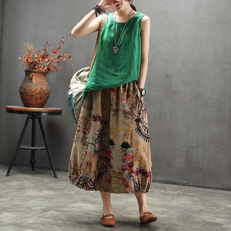  Ethnic Print Long Skirts Women High Waist Midi Skirt Linen 2019 Summer All-Match Skirt Ladies Green Beach (5)