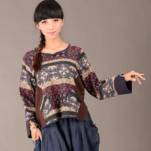 Women Blouses Shirts Chinese Traditional Ethnic Patchwork Cotton Round Neck Plate Buttons Long Sleeve Shirt Tops Women Blouse