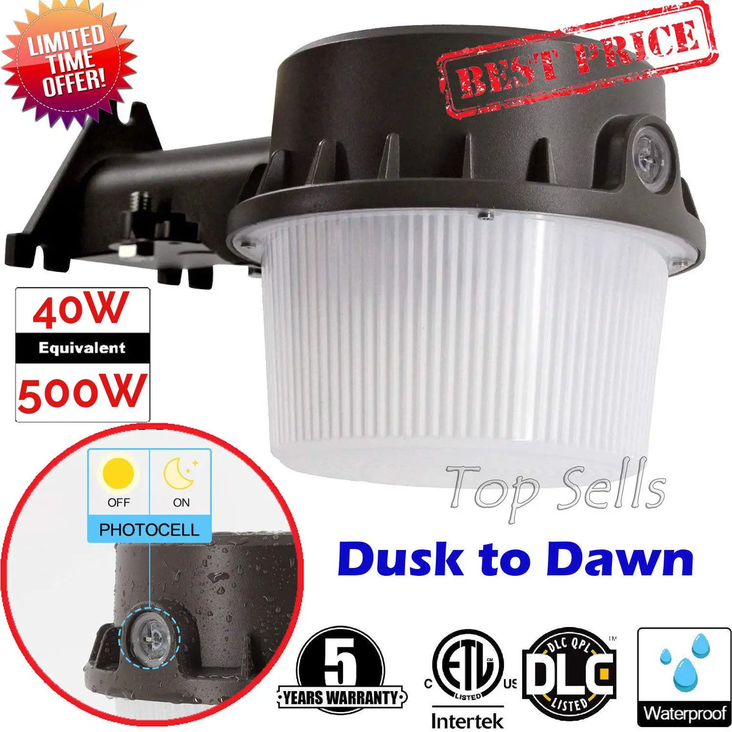 

Waterproof 40W LED Barn Light Farm Garage Outdoor Security Wall Lamps Light Control AC100-277V 5000K White