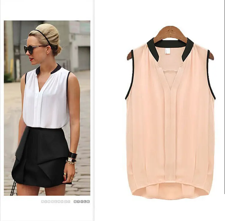 

2019 New Women Summer V-Neck Slim Fit Casual Chiffon Sleveless Blouse Ladies Fashion OL Tops 2 Colors