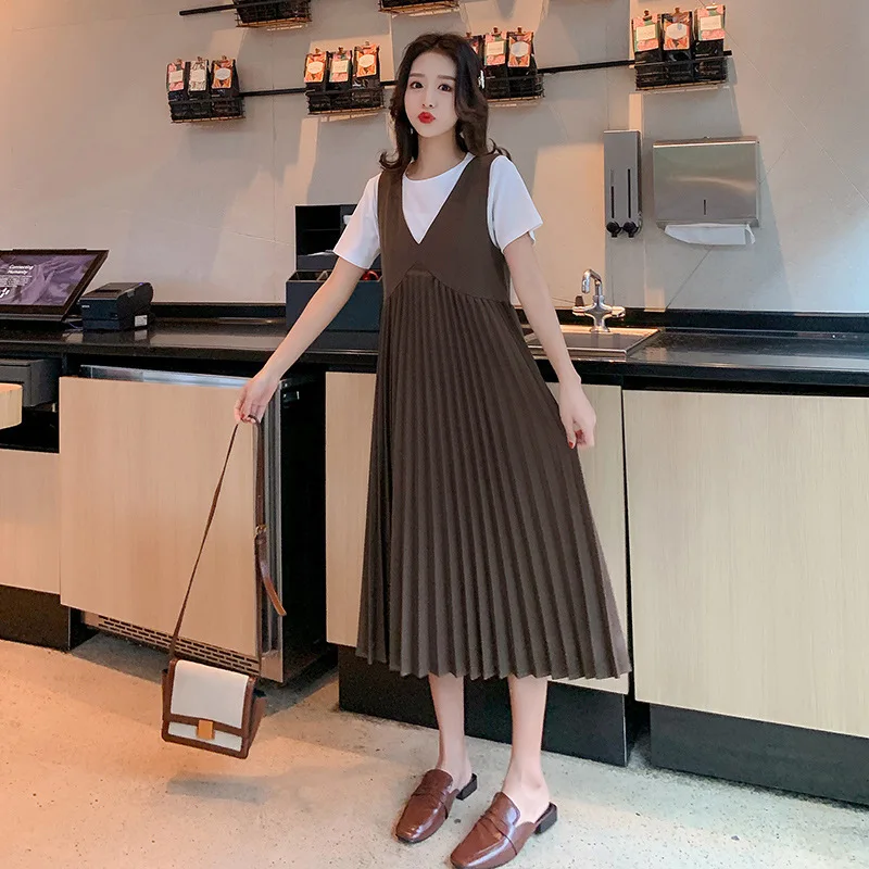 Платье для беременных летнее платье Vestido, новое платье для беременных элегантное белое платье с короткими рукавами+ плиссированное платье для беременных из двух предметов