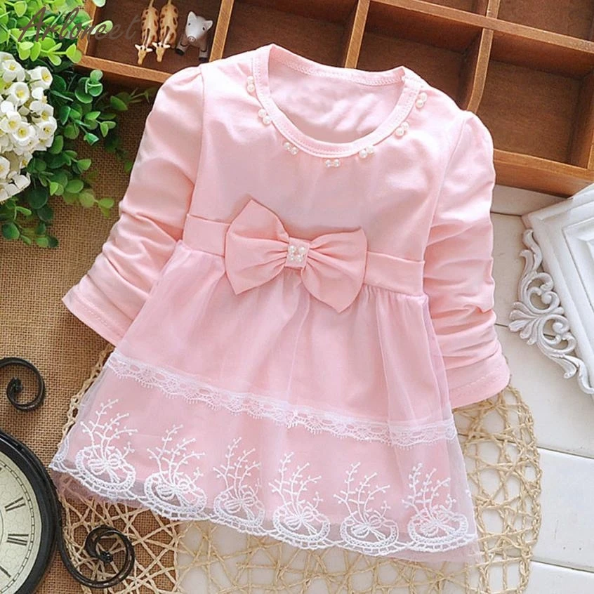 2017 baby winter dress Toddler Baby Girls Bowknot Lace Long Sleeve Princess Elegant Tutu Dress Clothes