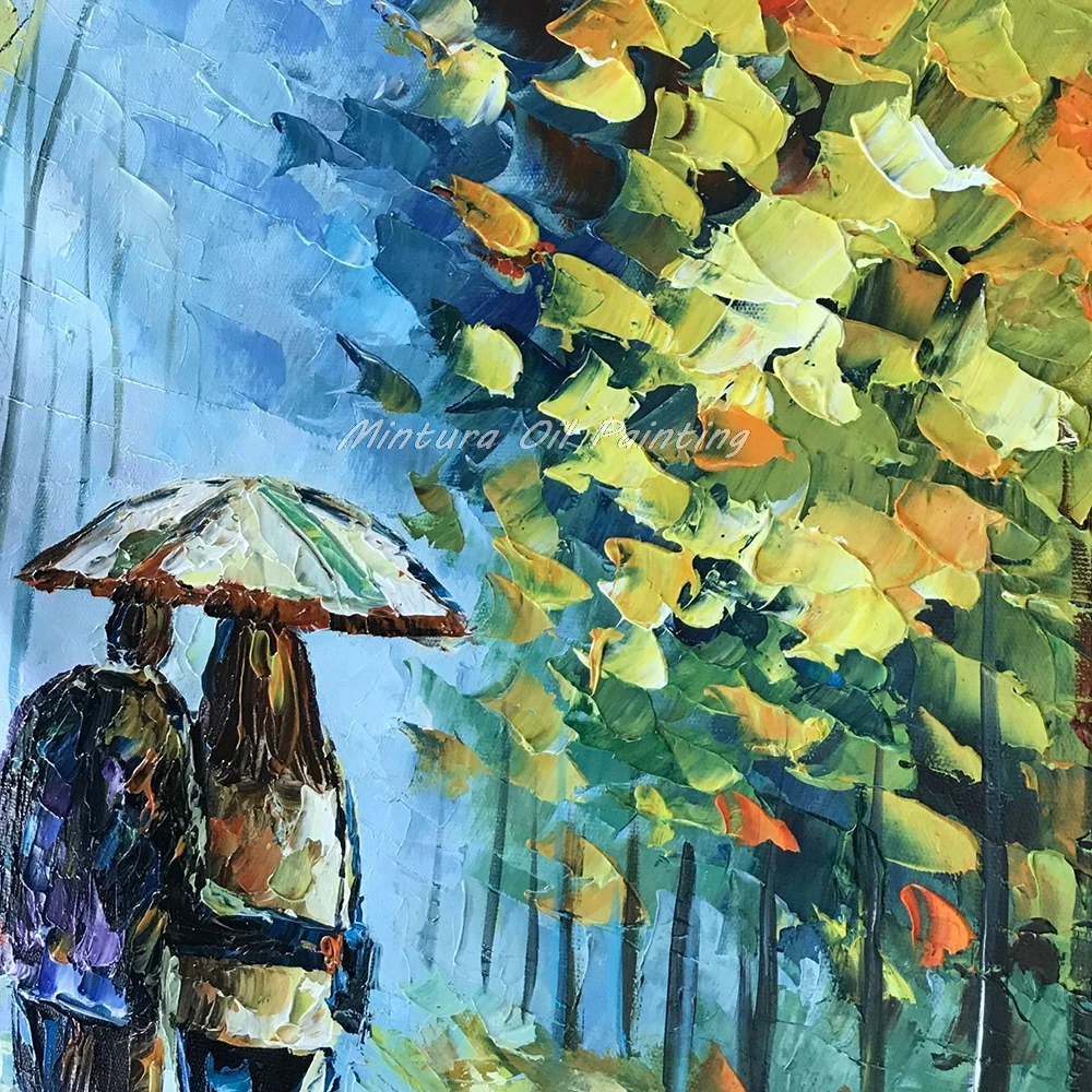 Большой расписанный вручную любовник дождь уличное дерево лампа пейзаж картина маслом на холсте настенные художественные настенные картины для гостиной домашний декор