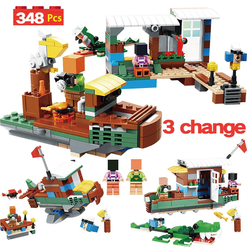 

348pcs My World Boat Crocodile Building Blocks Compatible LegoINGLY Minecrafted Ship 3 Change Toys for Children Bricks Sets