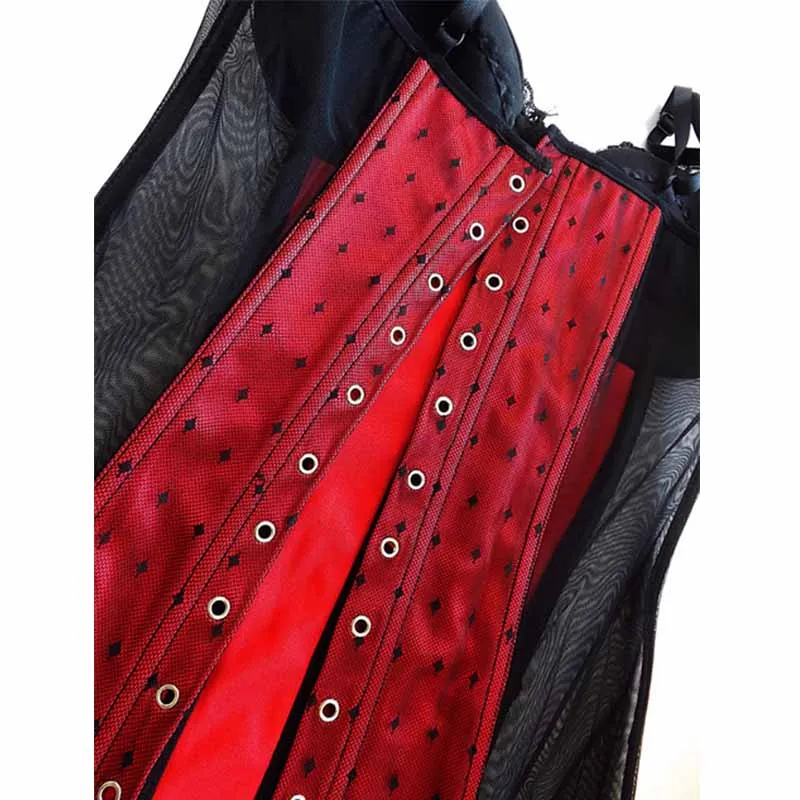 Red Steel Boned Corset Sexy Bustier Mesh Corselet Summer Nightwear Gothic Clothing Lingerie Babydoll Straps Slimming Korset (6)