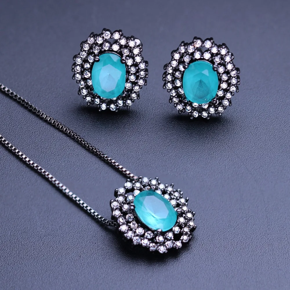 

Bohemian Women Jewelry Set Blue Oval Stone Full Cubic Zirconia Pave Pendant Necklace & Stud Earrings for Women Jewelry SFX004552