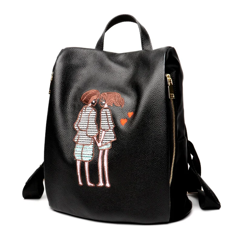 

2018 Genuine Cowhide Fashion Girl Embroidered Backpack Preppy Style Anti-theft Original design Korean Shoulder bag Free Shipping
