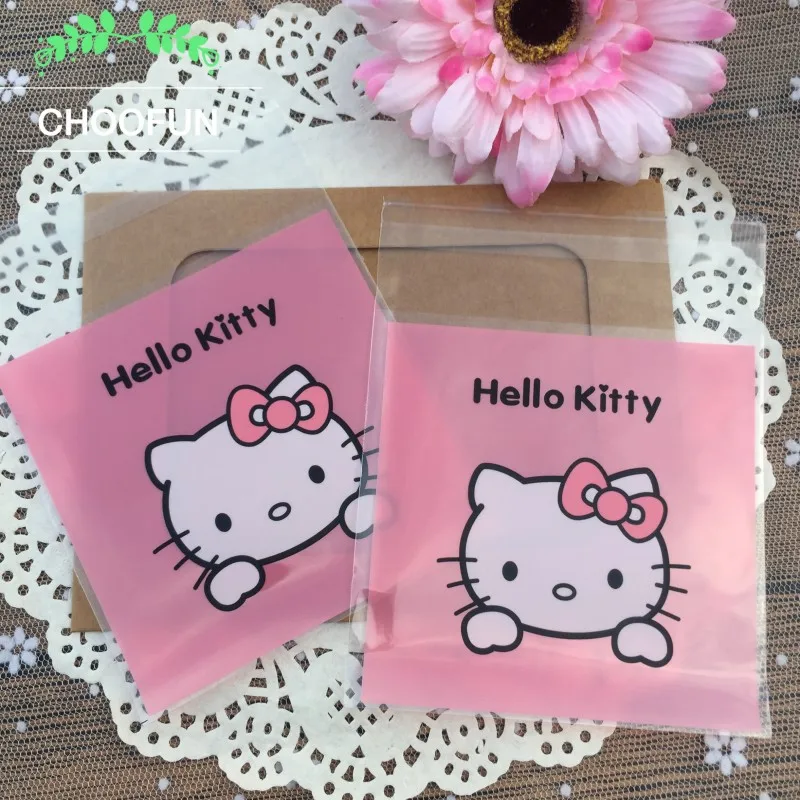 100 шт милый розовый hello kitty принт OPP самоклеющиеся пластиковые пакеты для печенья выпечки посылка вечерние конфеты и подарочные пакеты BZ041