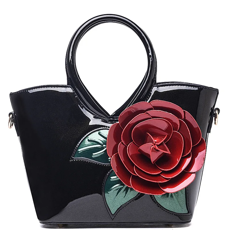 

2018 Patent Leather Women HandBag Vintage 3D Flowers Luxury Brand Handbags Women Evening Bags Designer Wedding Shoulder Bags
