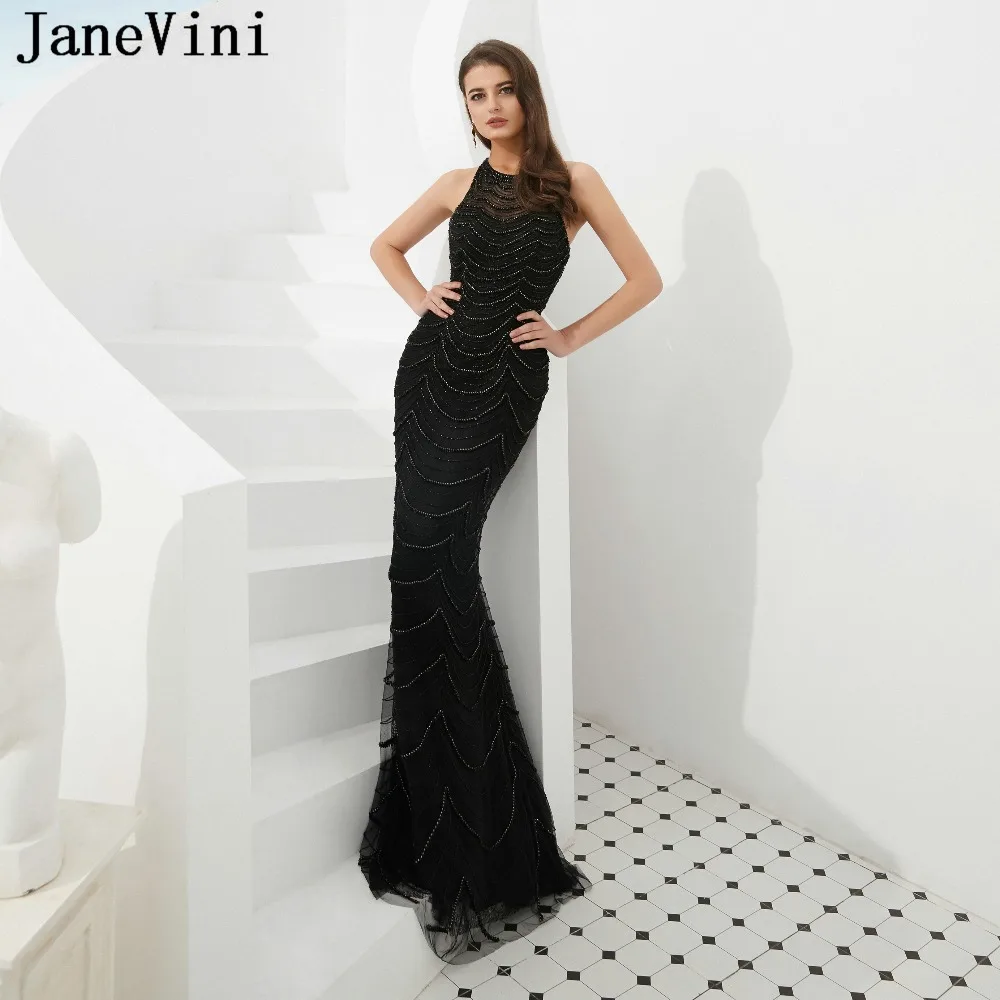 JaneVini/пикантные черные длинные вечерние платья, Роскошные, полностью расшитые бисером, без рукавов с открытой спиной, фатиновые праздничные