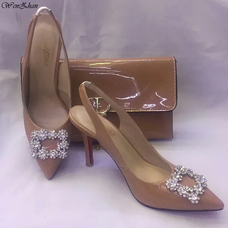 

Beige High Heel Dress Shoes With Matching HandBag Cutomized Heel Accept Fashion Pumps 10cm With Lady Bag Sets WENZHAN A94-1
