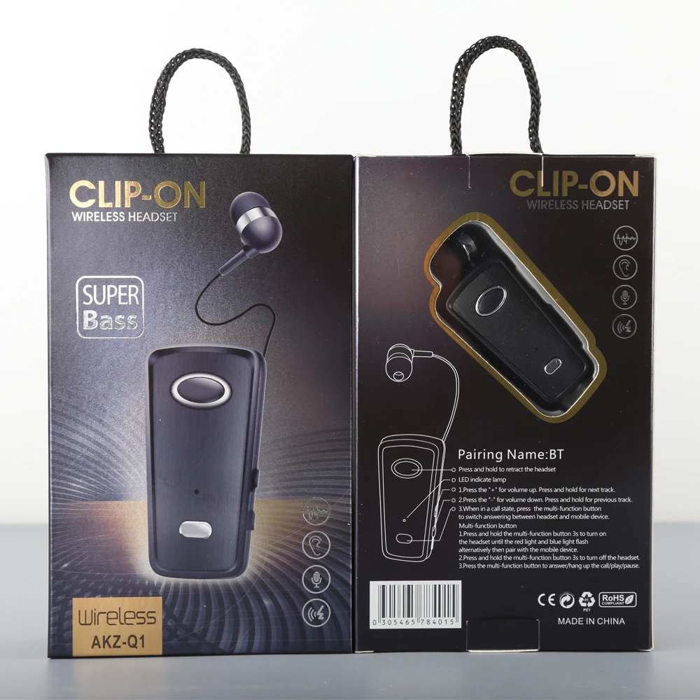Bluetooth 5 0 Earphones AKZ Q1 Clip Retractable Business Car Headphones Bluetooth Earphone Sports Earbuds Headset For All Phones