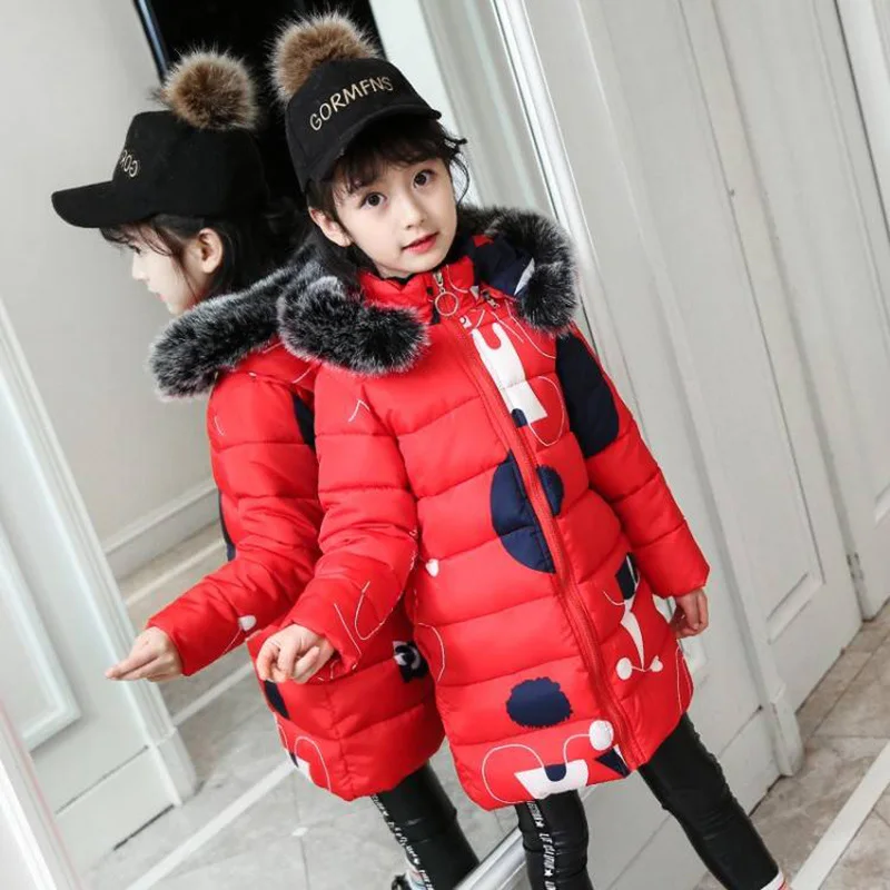 Хлопковая стеганая Верхняя одежда и пальто для девочек г. Новая детская одежда зимняя куртка для девочек с принтом, детская теплая куртка с меховым воротником и капюшоном - Цвет: Red