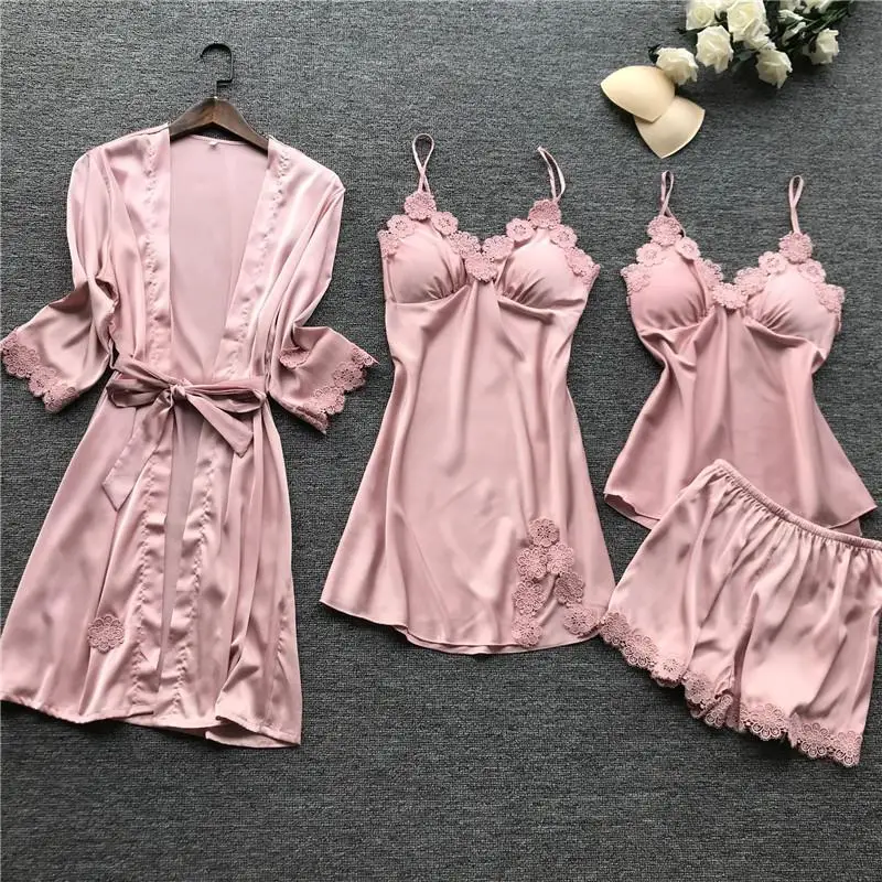 Female Flower 4PCS Kimono Robe Bathrobe Gown Sleepwear Sexy Lace Intimate Lingerie Home Clothes Summer Casual Nightwear With Bra - Цвет: Pink