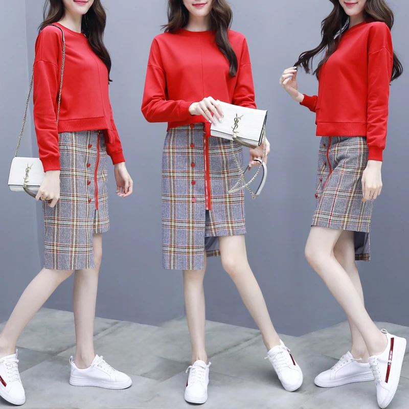 

2019 spring autumn new sweatshirt+lattice irregular skirt two piece set of playful suit skirt temperament foreign fashion women