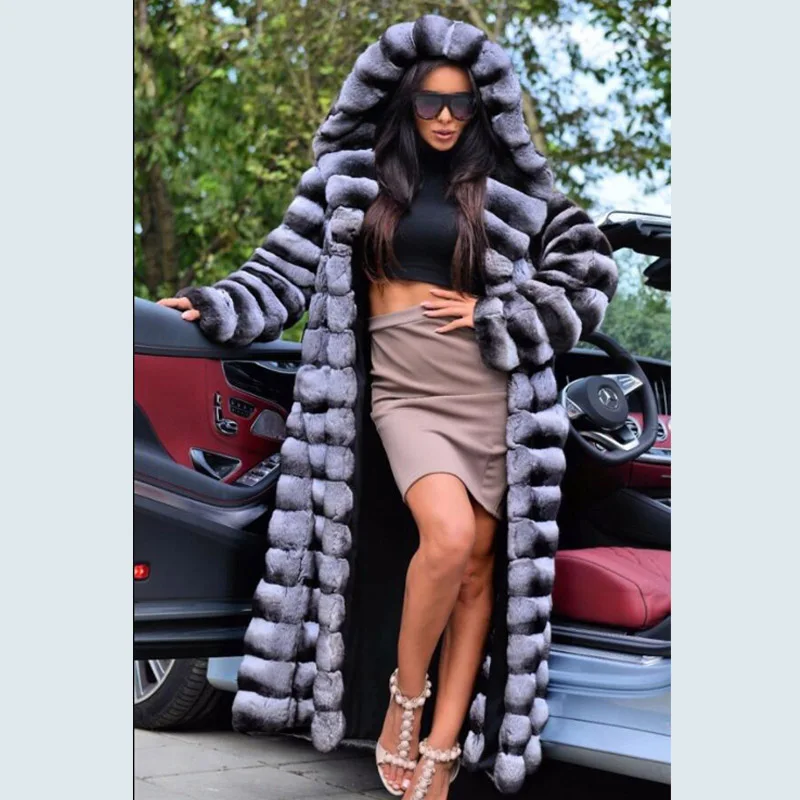 Натуральное меховое пальто, зимняя меховая куртка для женщин, Толстая теплая верхняя одежда из меха кролика рекс с капюшоном, модное пальто из кроличьего меха RB-058 - Цвет: RB-060 Length 130cm