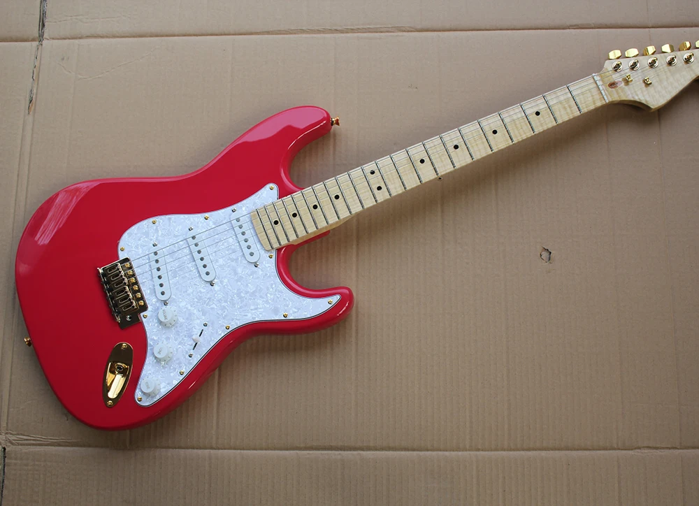 

Red Electric Guitar with White Pearl Pickguard,3S Pickups,Golden Hardwares,Flame Maple Neck,offering customized services