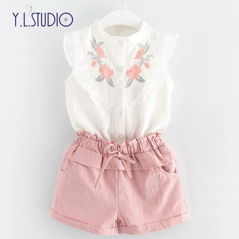 

Girls Suits 2019 New Summer Beautiful Floral Flower Sleeve Children Vest Clothing Shorts Suit With Belt 2 Pieces Clothes Kid Set