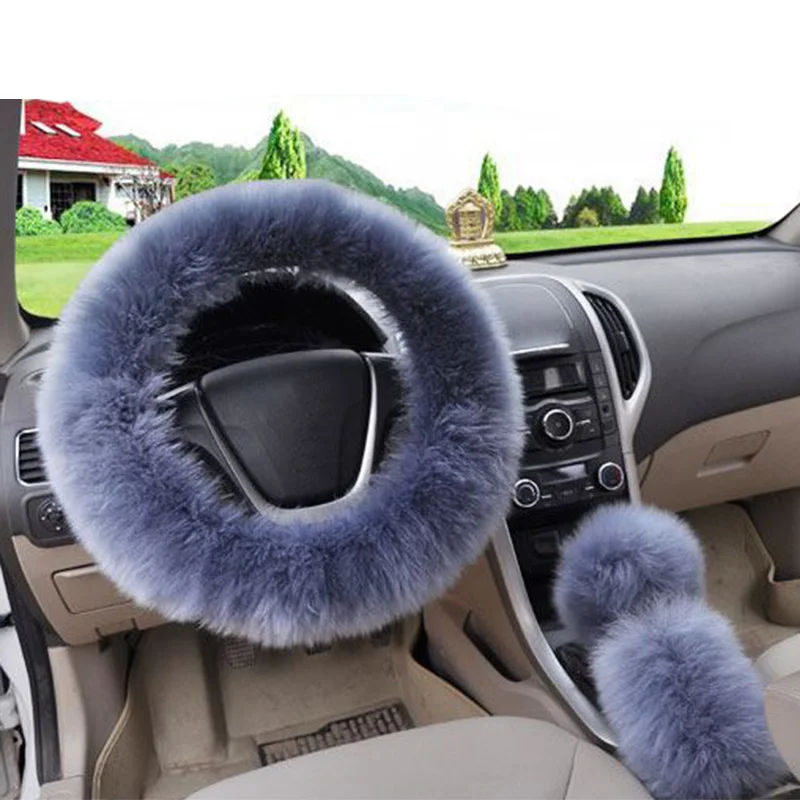 3 шт./компл. плюшевый мягкий теплый автомобильный комплект для рулевого колеса - Название цвета: blue grey