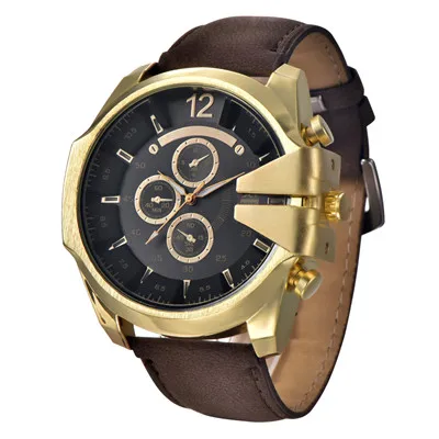 Мужские большие часы, мужские кожаные золотые военные кварцевые наручные часы, мужские армейские уникальные дизайнерские часы Erkek Saat Relogio Masculino DZ - Цвет: brown gold black