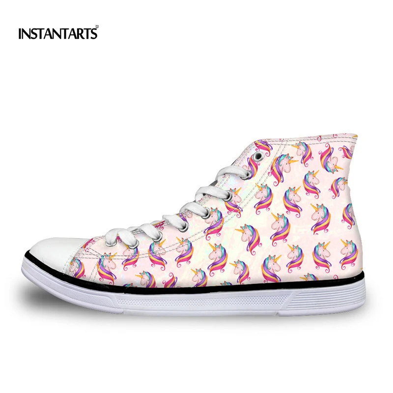 

INSTANTARTS Pink Animal Horse Puzzle Print Women Canvas Shoes Casual High Top Vulcanized Shoe for Teens Girls Comfort Lace Up