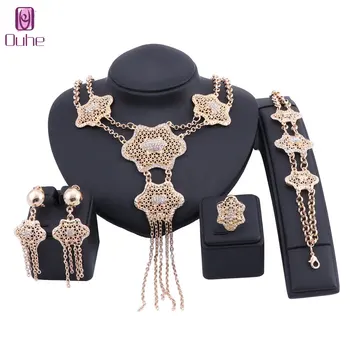 

Exquisite Dubai Gold Color Jewelry Set Nigerian Woman Accessories Wedding Tassel Crystal Necklace Earring Ring Jewelry Set