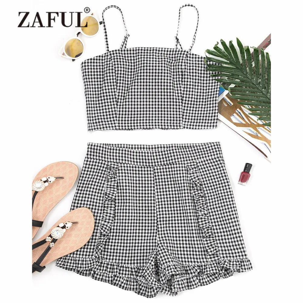 ZAFUL New Women Cover Ups Gingham Smocked Camis and Frilled Shorts