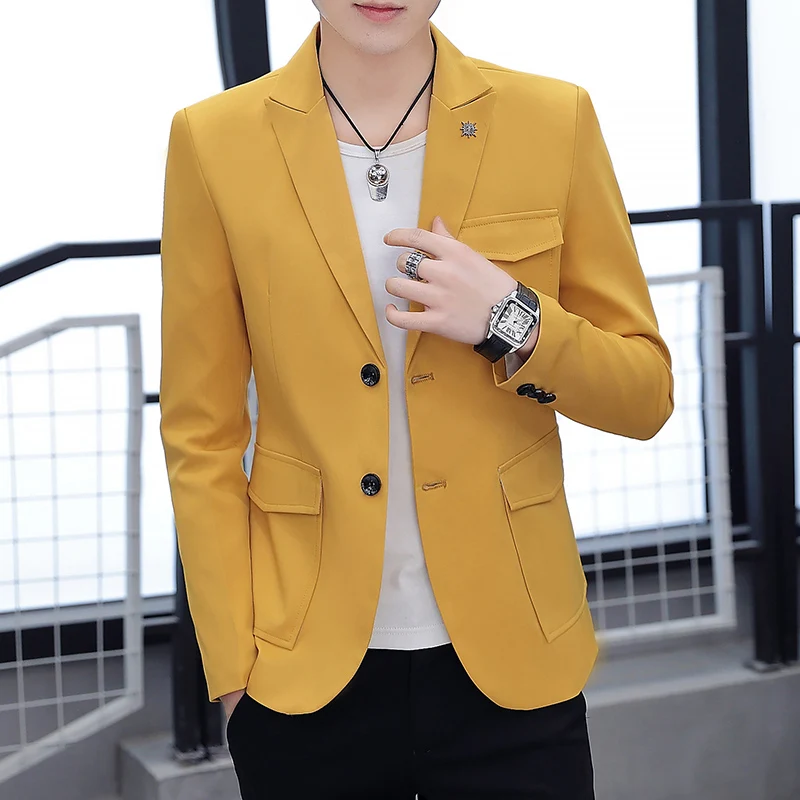Корейский модный мужской бейзер пиджак желтый однотонный винтажный приталенный костюм пальто модный уличная верхняя одежда мужской блейзер