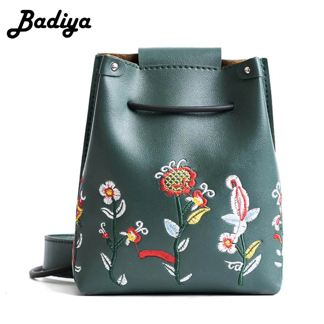 

Ethnic Colorful Flower Embroidery Bucket Shoulder Bag High Quality PU Leather Floral Crossbody Bag String Messenger Bag