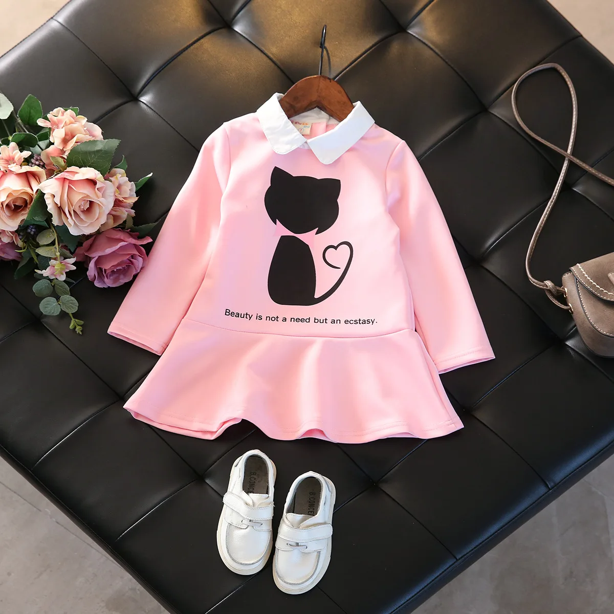 Children clothing girls dress shirt lovely cat printing long sleeve