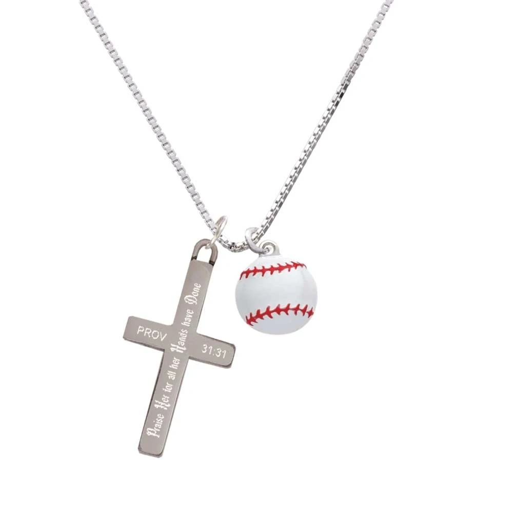 Large White Enamel Baseball - Praise Her - Cross Necklace