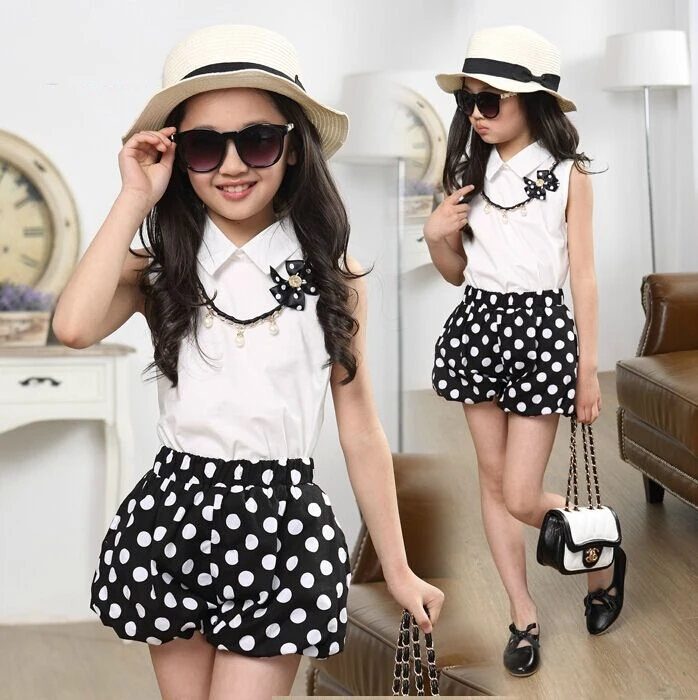 new summer style girl shirt shorts culottes bow necklace clothing
